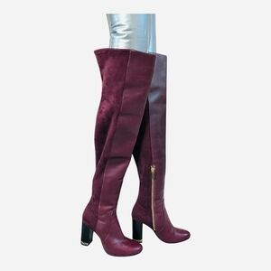 Womens Boots Michael Kors Burgundy Gold Leather Over-the-Knee Boots Riding Boots